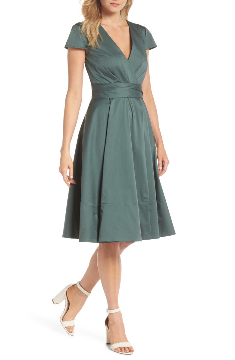 GAL MEETS GLAM COLLECTION Addison Cotton Tie Waist Fit & Flare Wrap Dress, Main, color, OLIVE