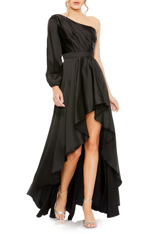 One-Shoulder Long Sleeve Satin High/Low Gown in Black