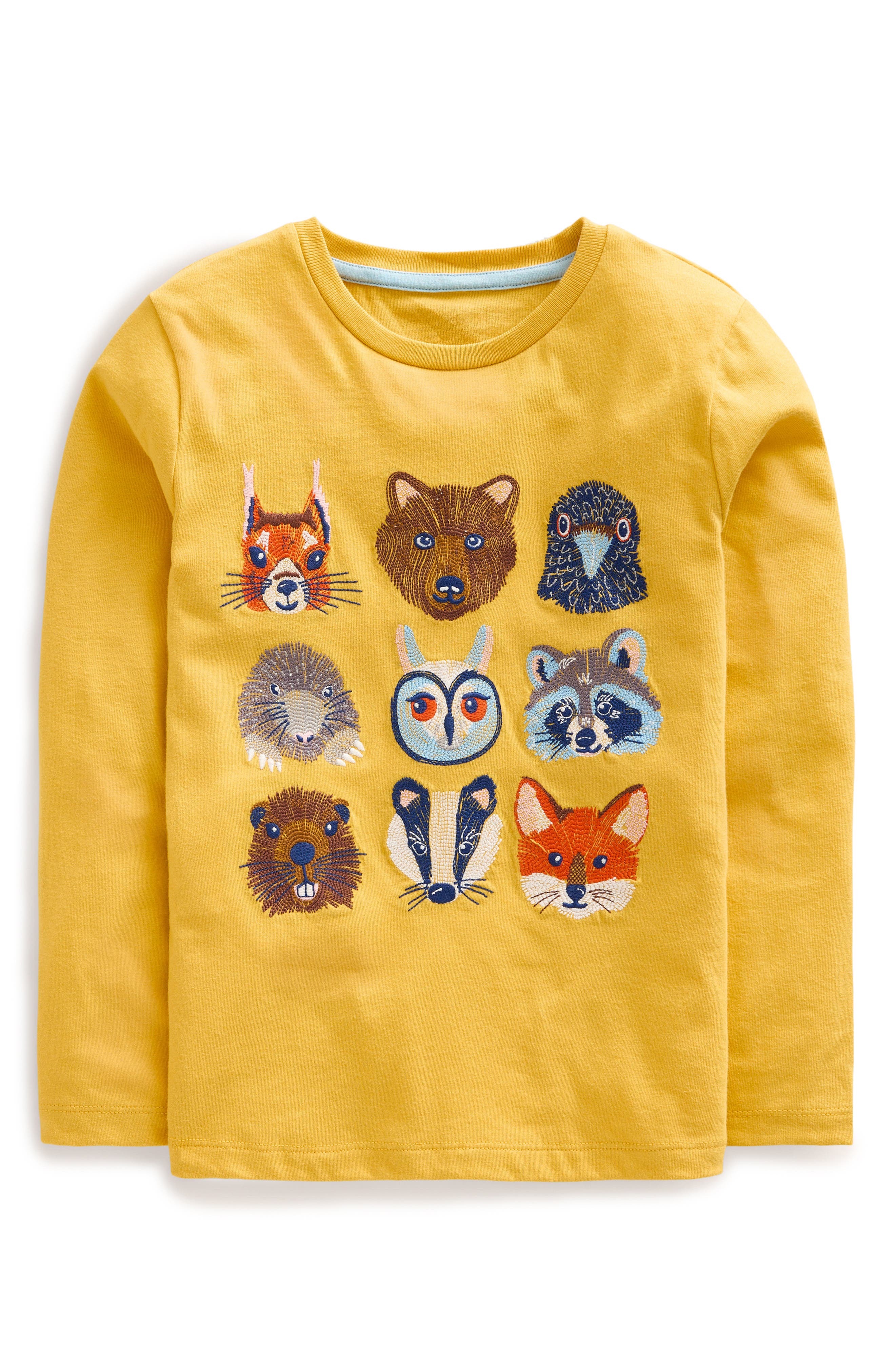 Boden Kids' Embroidered Animals Long Sleeve Cotton Graphic T-Shirt in Honeycomb Yellow 