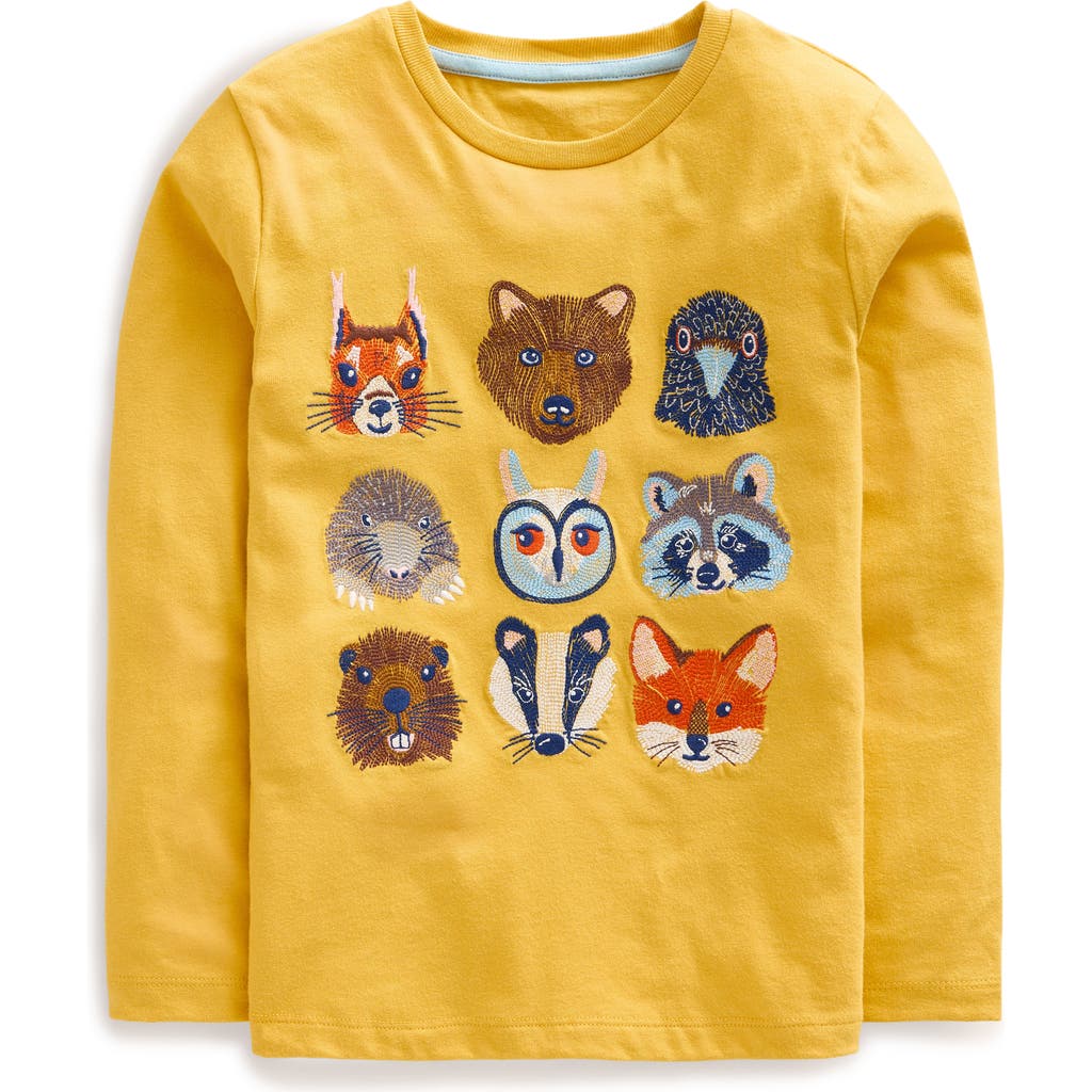 Boden Kids' Embroidered Animals Long Sleeve Cotton Graphic T-Shirt in Honeycomb Yellow