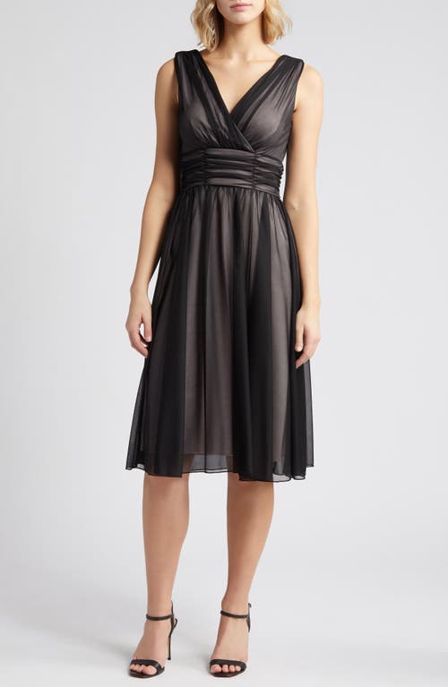 Chiffon Overlay Fit & Flare Dress in Black/Soft Blush
