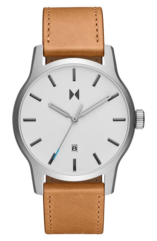 MVMT Classic II Leather Strap Watch, 44mm in White/Tan at Nordstrom