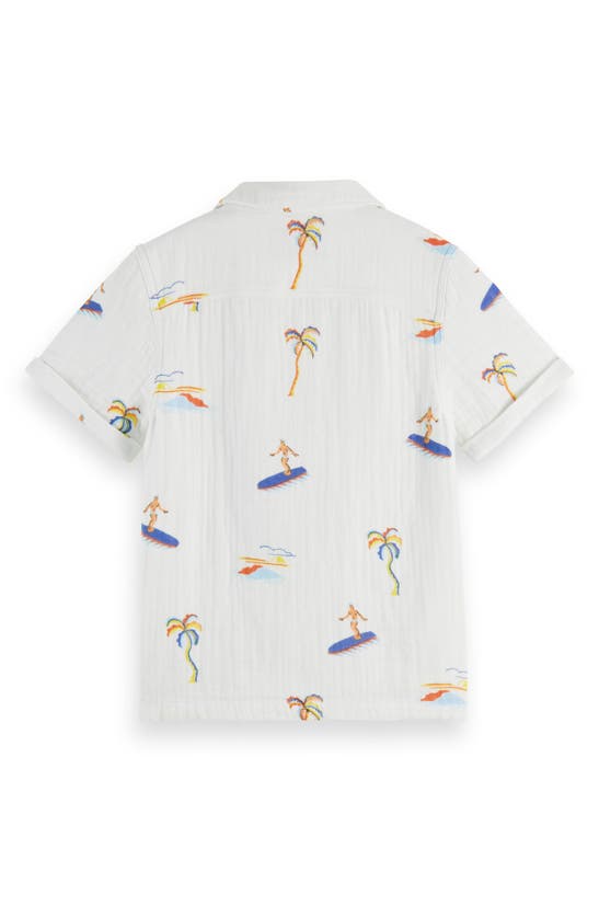 Shop Scotch & Soda Kids' Surf Print Short Sleeve Cotton Button-up Shirt In 7186 Surf Palm
