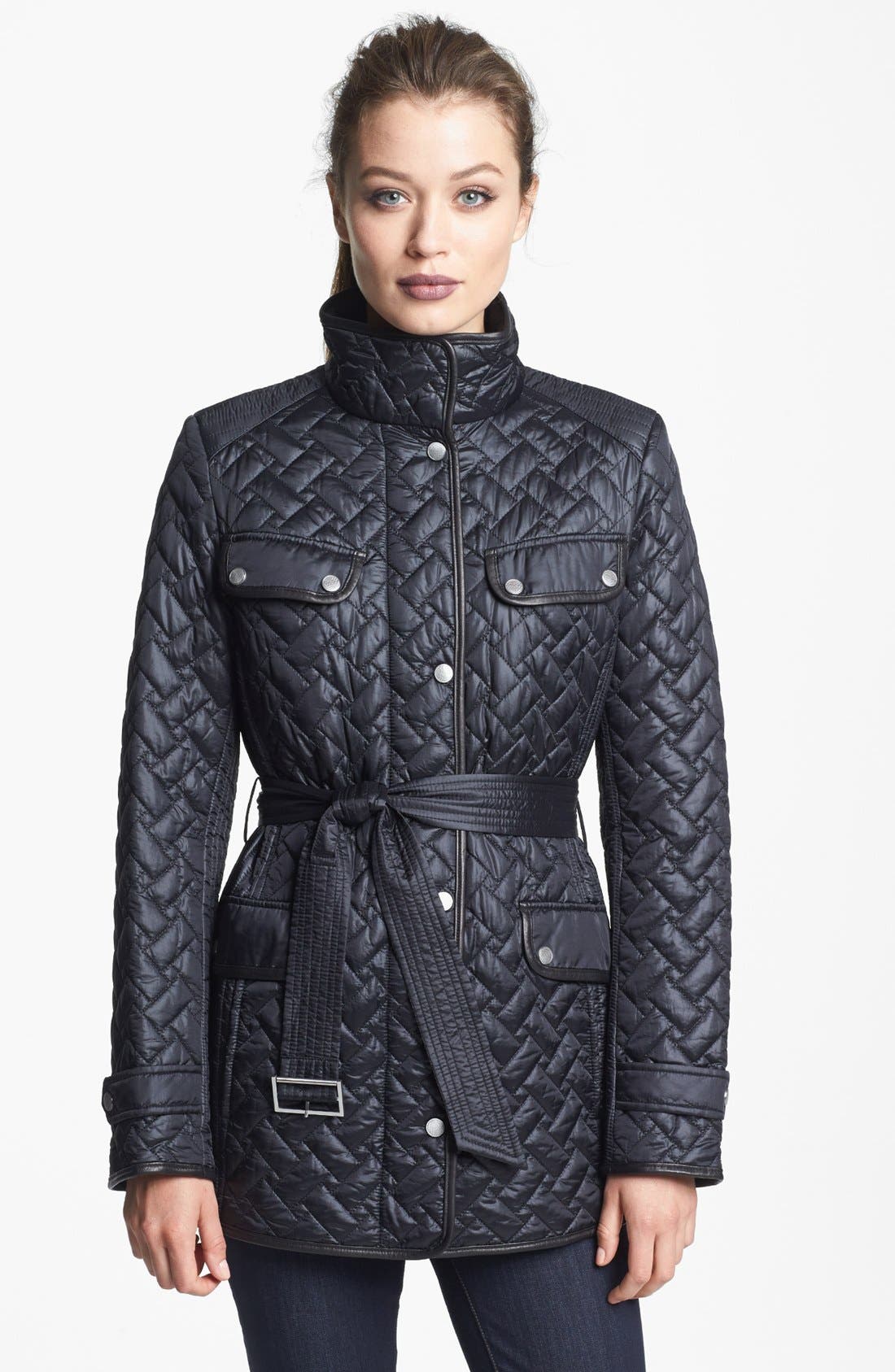 Cole Haan Belted Leather Trim Quilted Jacket (Petite) Nordstrom