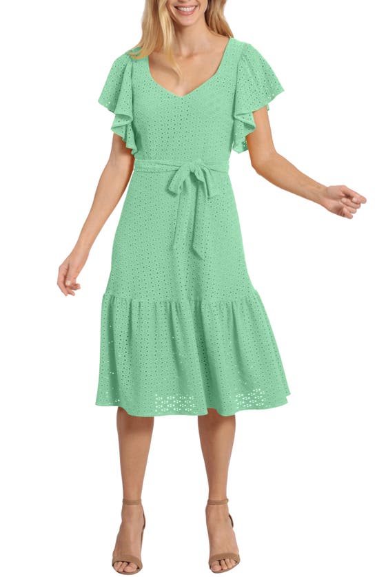 London Times Flutter Sleeve Embroidered Eyelet Midi Dress In Green |  ModeSens