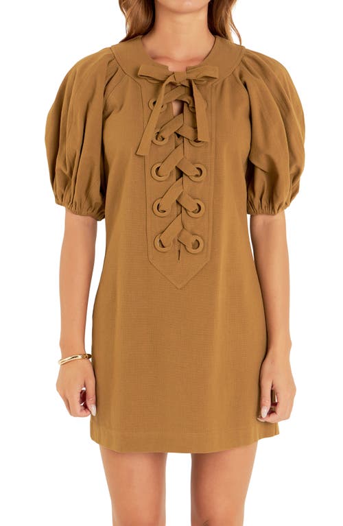ENGLISH FACTORY ENGLISH FACTORY LACE-UP FRONT PUFF SLEEVE MINIDRESS