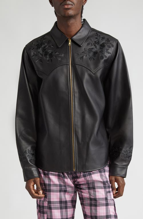 Drop Top Floral Embroidered Lambskin Leather Zip Shirt Jacket in Black