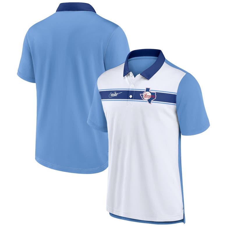 NIKE NIKE WHITE/LIGHT BLUE TEXAS RANGERS REWIND STRIPE POLO