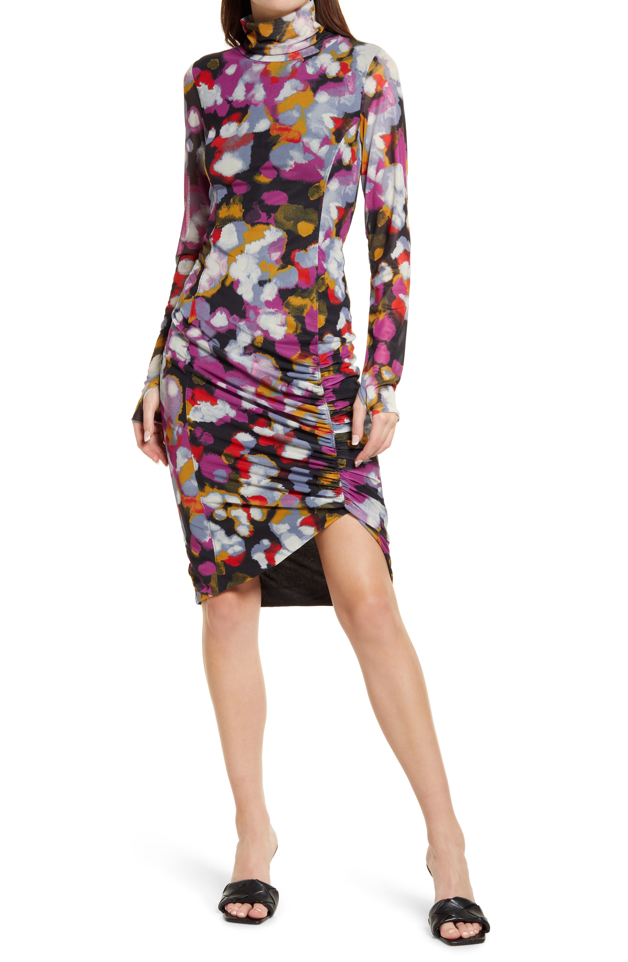 P Ammy Fashion Womens Turtle Neck Flowers Jersey Jumper Flower Dress ...