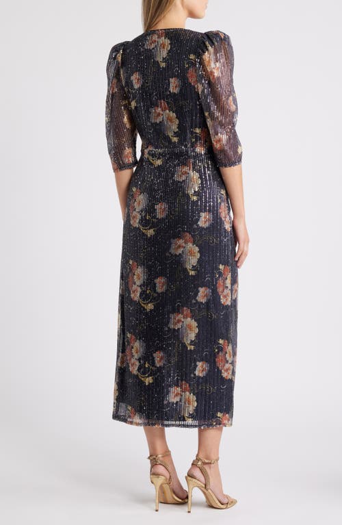 Shop Chelsea28 Sequin Print Puff Shoulder Long Sleeve Gown In Black Floral