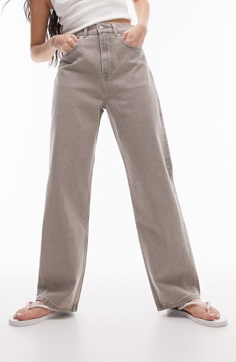 Topshop workwear straight leg pants with fold over waistband detail in khaki