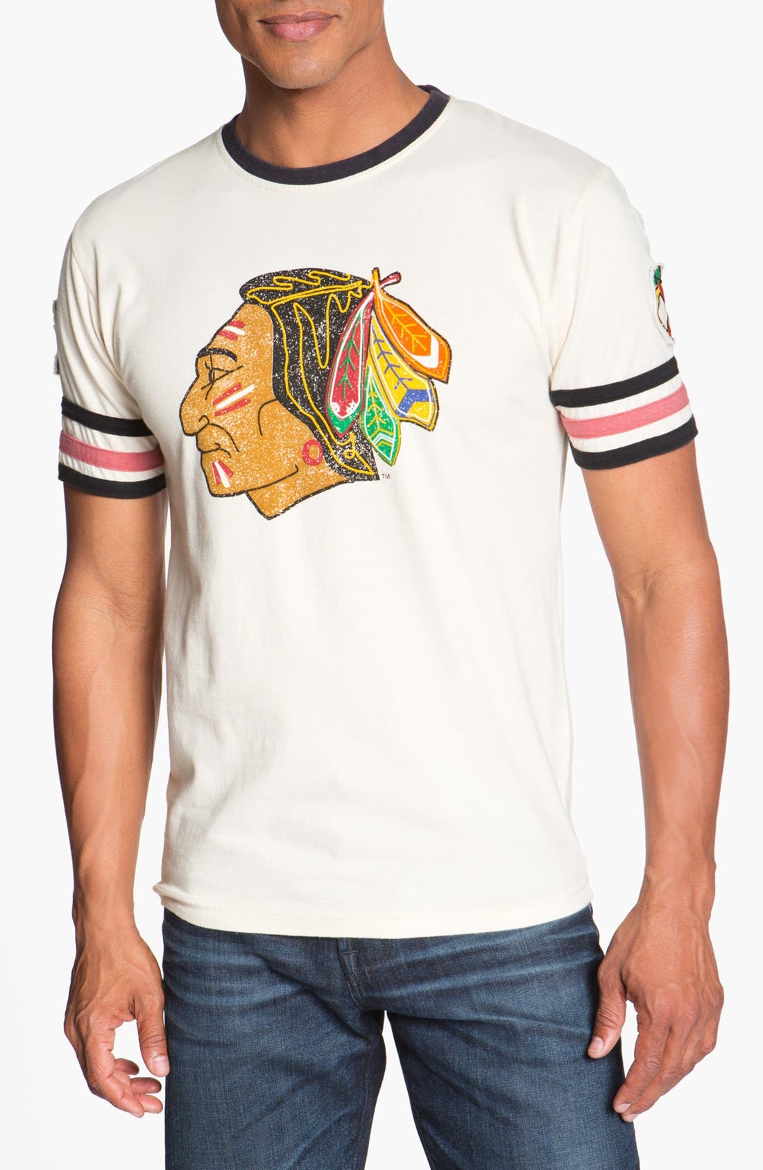 red jacket blackhawks shirt