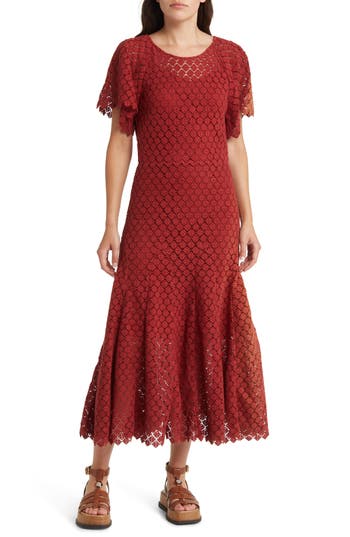 The Great The Harmony Cotton-guipure Lace Midi Dress In Garnet