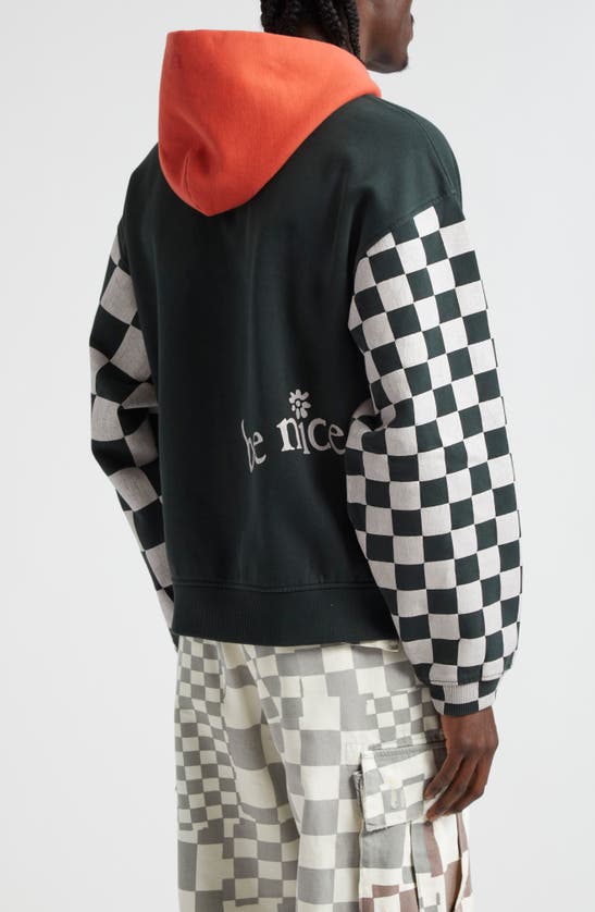 Shop Erl Colorblock Checker Sleeve Graphic Hoodie In Black Checker