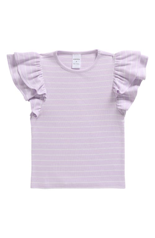 Shop Nordstrom Kids' Flutter Sleeve Rib T-shirt In Purple Petal Ivory Abby Stripe