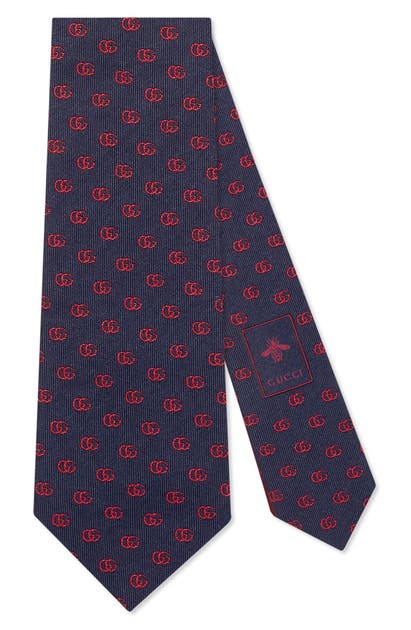 Gucci Running Logo Silk Jacquard Tie In Midnight Blue And Red