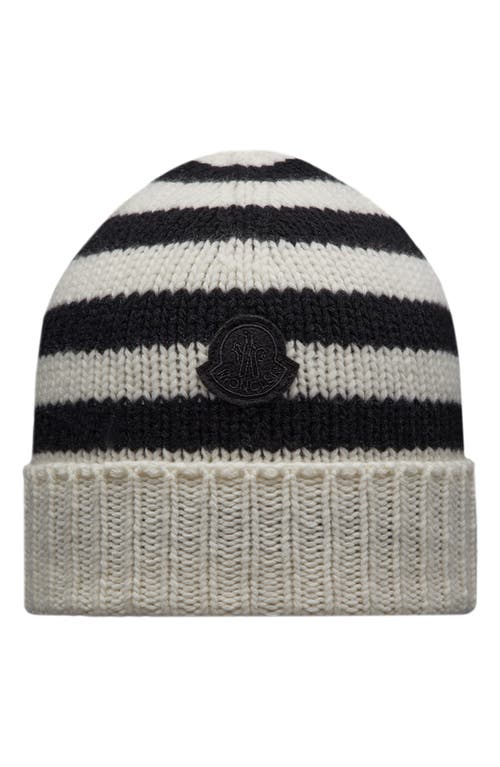 Moncler Kids' Stripe Logo Patch Virgin Wool Beanie White at Nordstrom