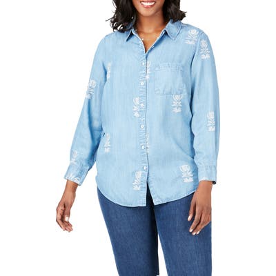 Plus Size Foxcroft Haven Embroidered Floral Tencel Lyocell Shirt, Blue