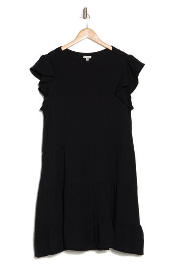 Maisie Flutter Sleeve Tiered Cotton Dress In Black