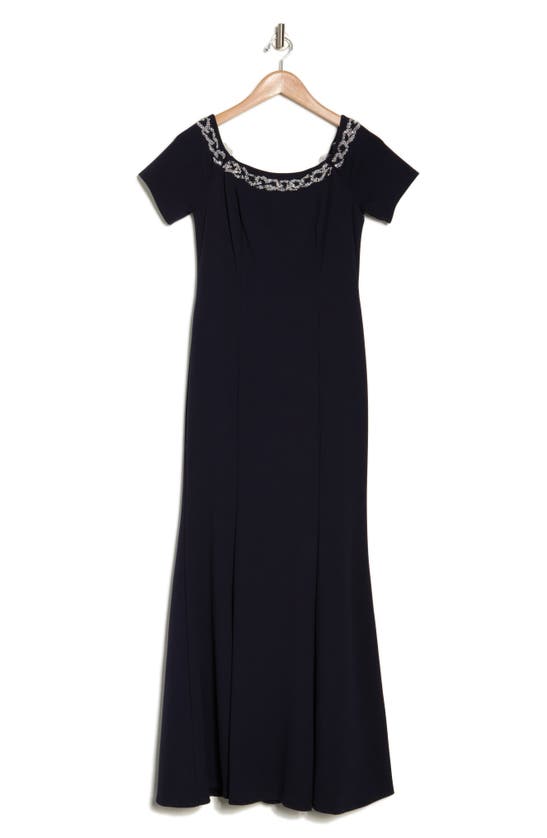 Shop Marina Beaded Off-the-shoulder Short Sleeve Trumpet Gown In Navy