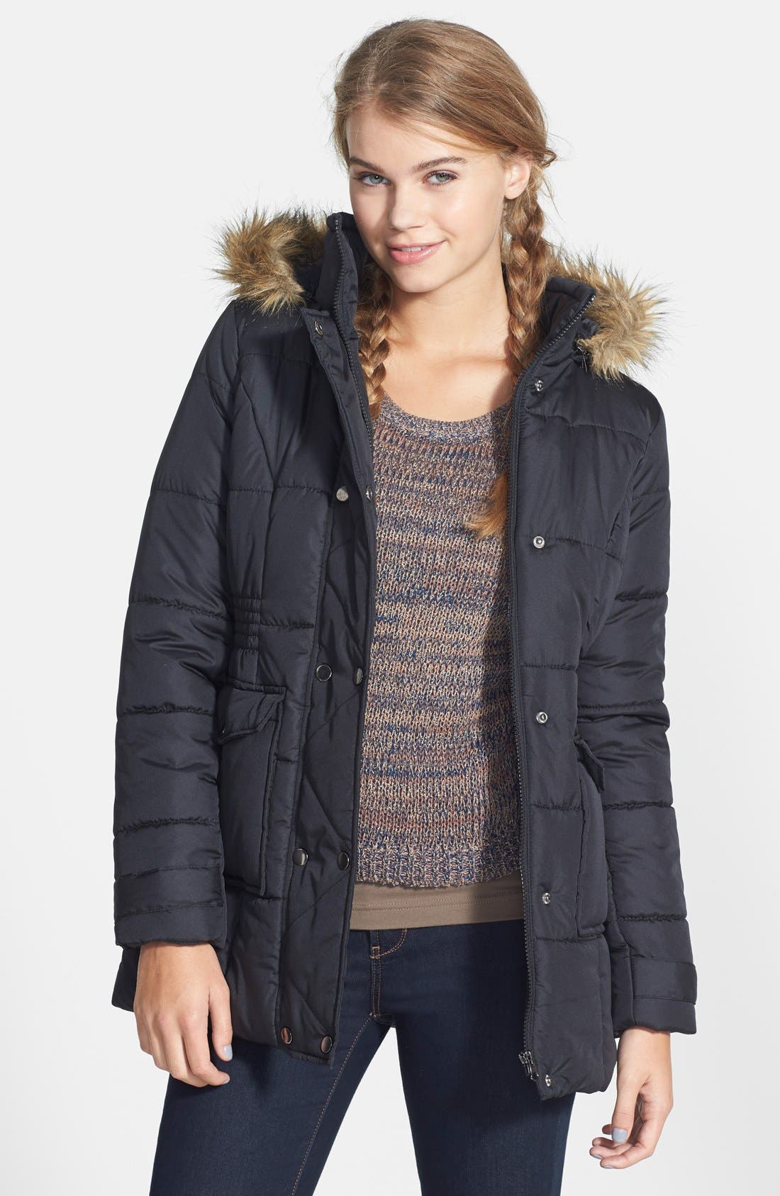 Krush Quilted Puffer Coat with Faux Fur Hood (Juniors) Nordstrom