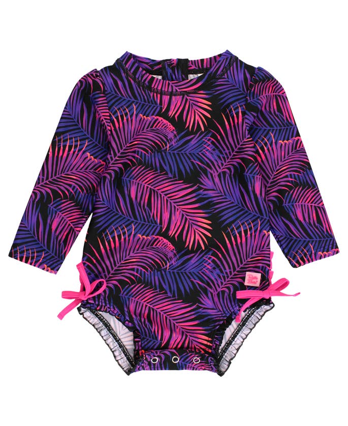 Shop Rufflebutts Girls Long Sleeve Upf50+ One Piece Rash Guard In Marine Glow