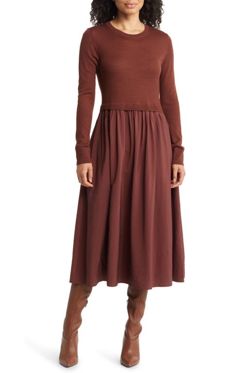 Nordstrom Mixed Media Long Sleeve Midi Dress in Brown Raisin