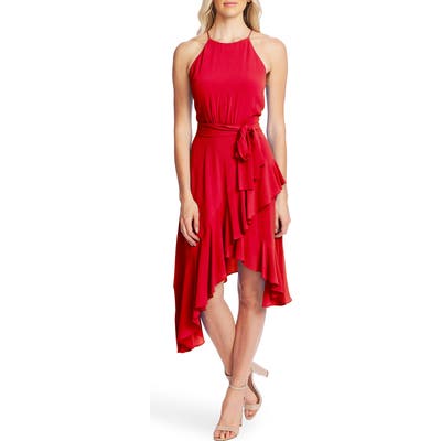Cece Asymmetrical Cascading Ruffle Hem Dress, Red