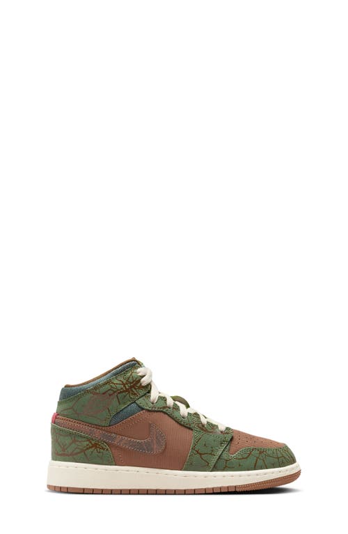 Jordan Kids' 1 Mid Sneaker In Brown/ Light Olive/ Treeline