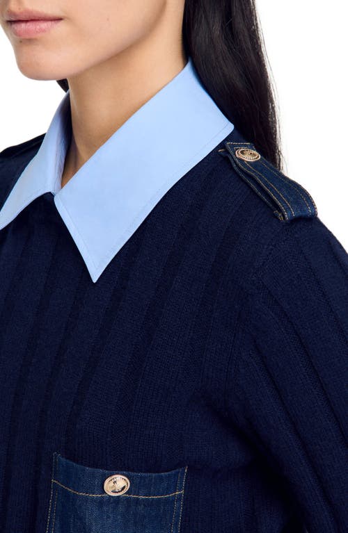 Shop Sandro Cropped Wool And Cashmere Sweater In Navy Blue
