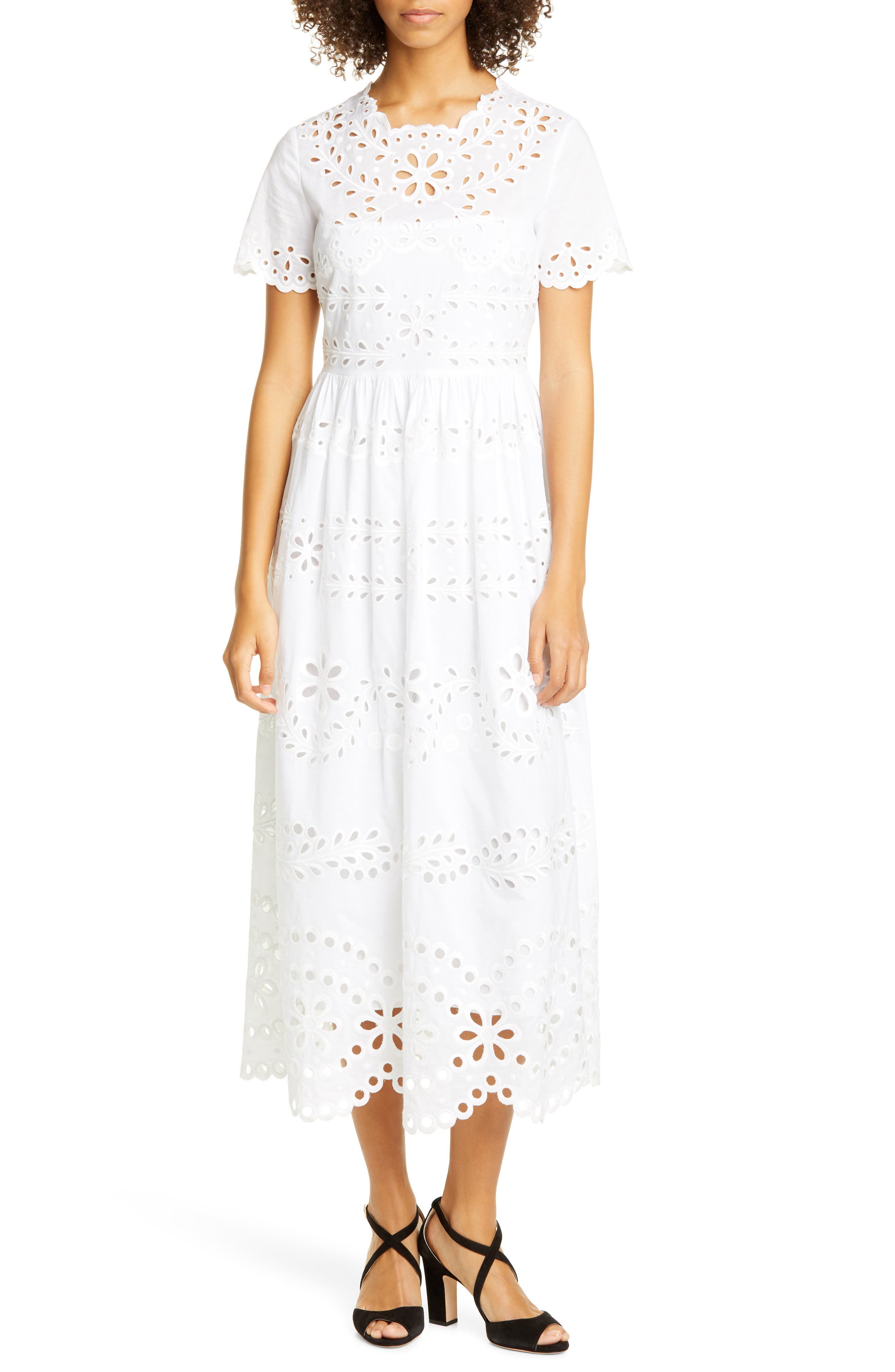 white eyelet midi dress with sleeves