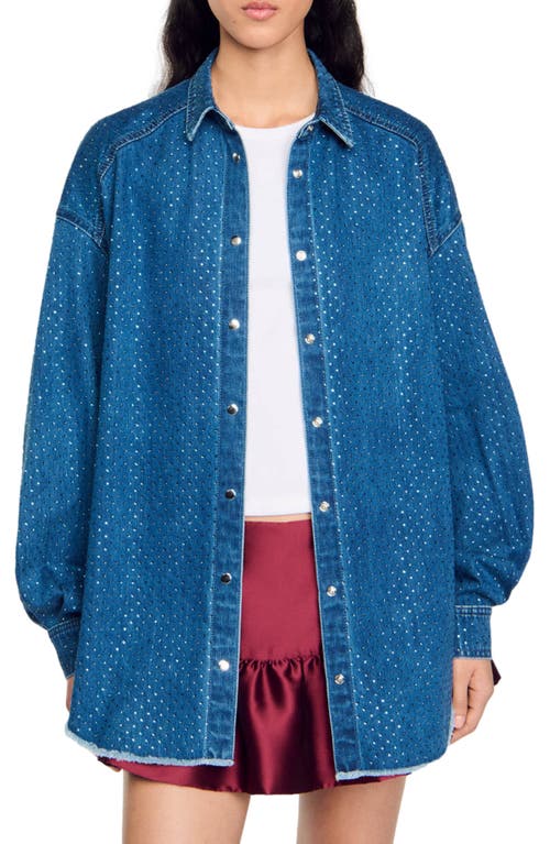 Shop Sandro Denim Shirt With Rhinestones In Blue Jean