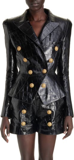 Croc-embossed Leather Coat