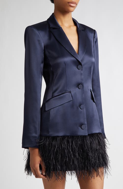 Shop Cinq À Sept Joel Feather Hem Long Sleeve Satin Blazer Minidress In Navy