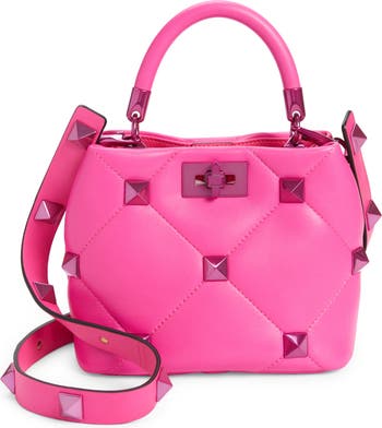 Small Roman Stud Pink PP Quilted Leather Top Handle Bag
