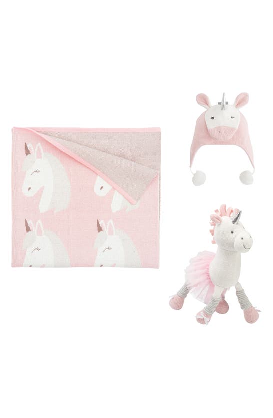 Elegant Baby Unicorn Knit Blanket, Hat & Stuffed Animal Set In Pink