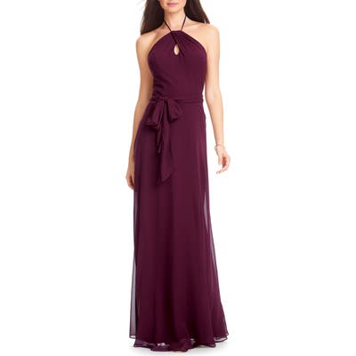 #levkoff Chiffon Tie Waist Halter Gown, Red
