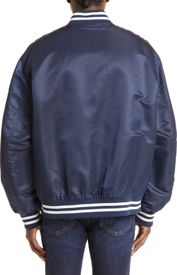 Navy Blue Satin Baseball Jacket