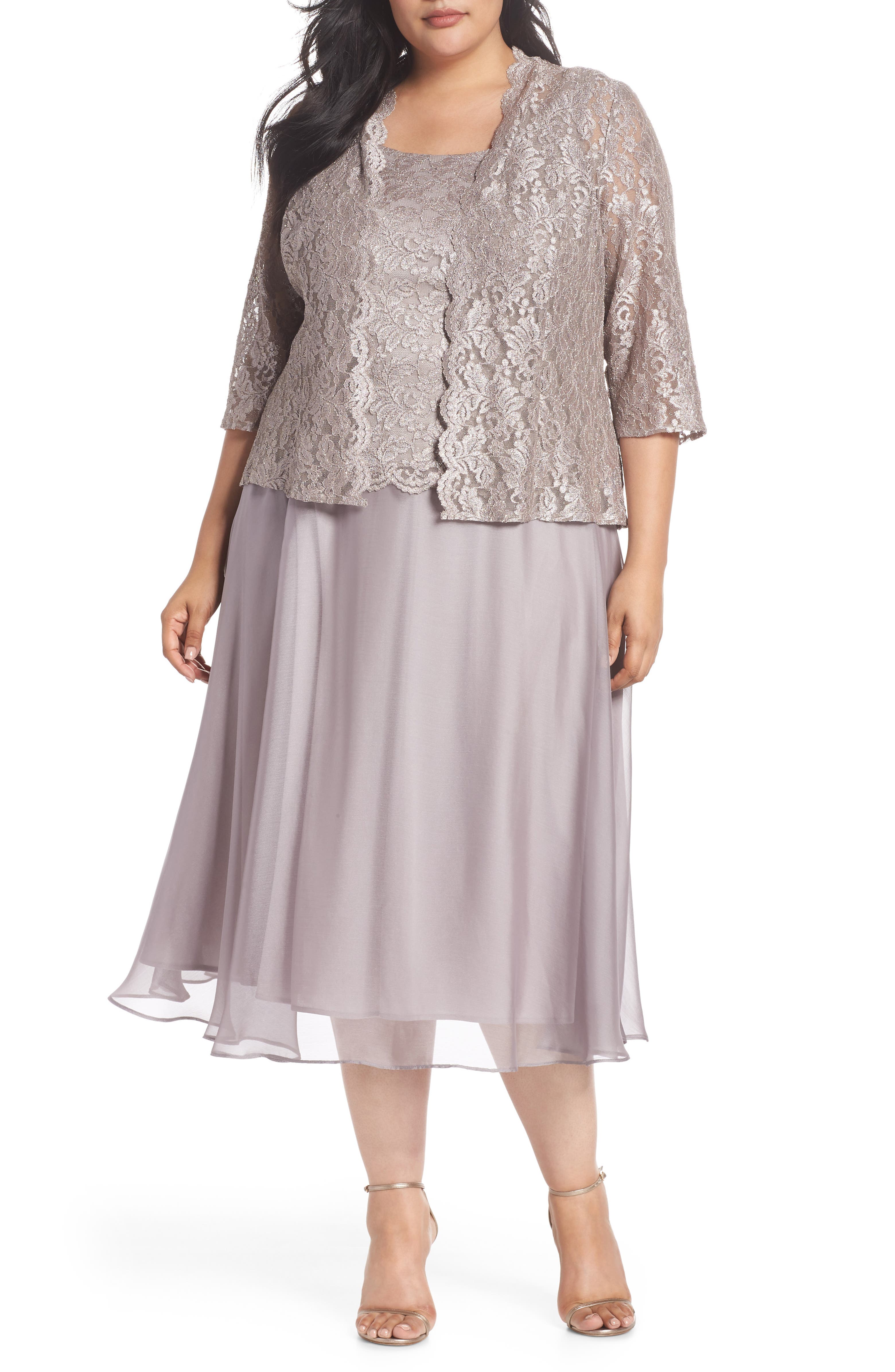 Alex Evenings Lace Bodice Tea Length Dress with Jacket (Plus Size ...