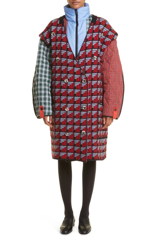 Mixed Media Padded Coat in Red Multicolor
