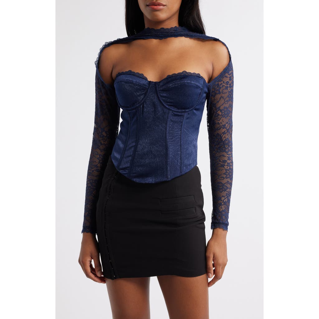Shop Mistress Rocks Satin & Lace Corset Top In Navy