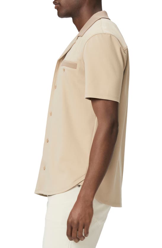 Shop Paige Roan Knit Button-up Camp Shirt In Sesame Sand / Roasted Chestnut