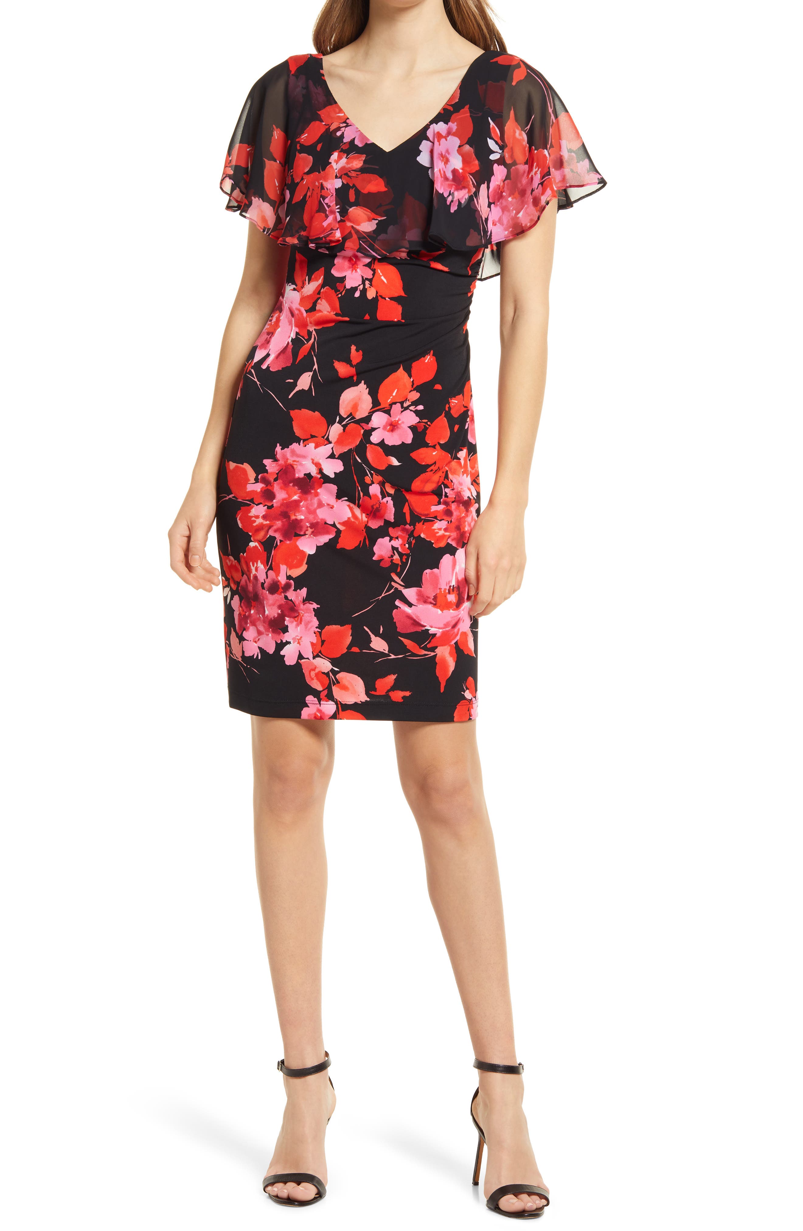 Connected Apparel Womens Petites Floral Print Bell Sleeves Casual Dress