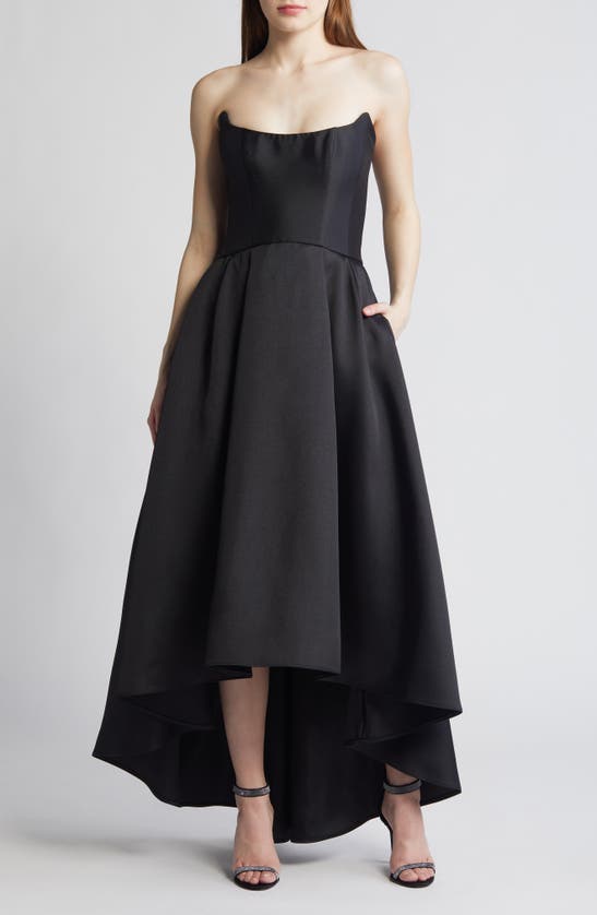 Shop Amsale Strapless High-low Mikado Gown In Black