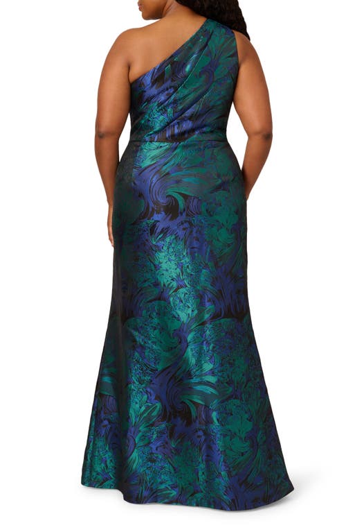 Shop Adrianna Papell Floral One-shoulder Jacquard Mermaid Gown In Cobalt/teal