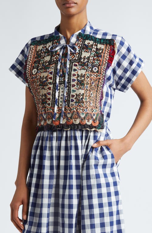 Shop Tao Comme Des Garçons Gingham Cotton Midi Dress With Hand Embroidered Overlay In Navy/white