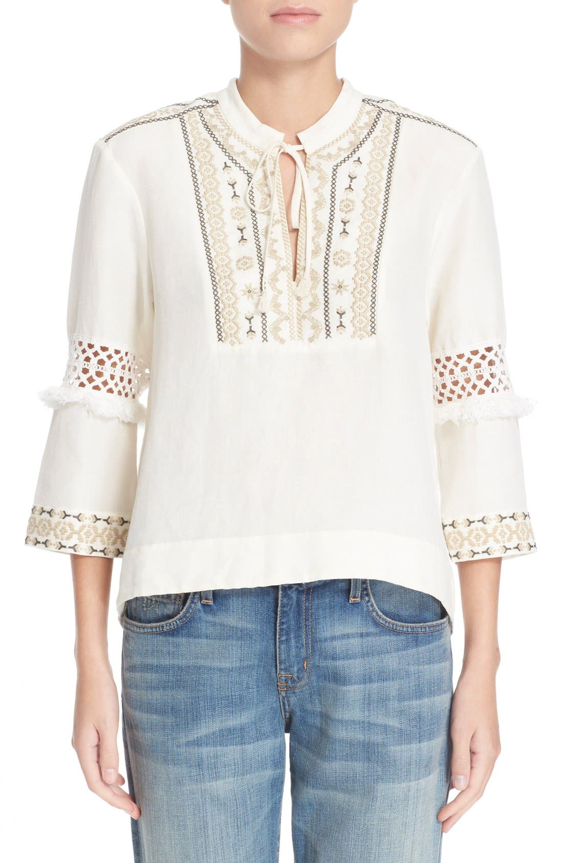 Sea Embroidered Silk & Linen Top Nordstrom