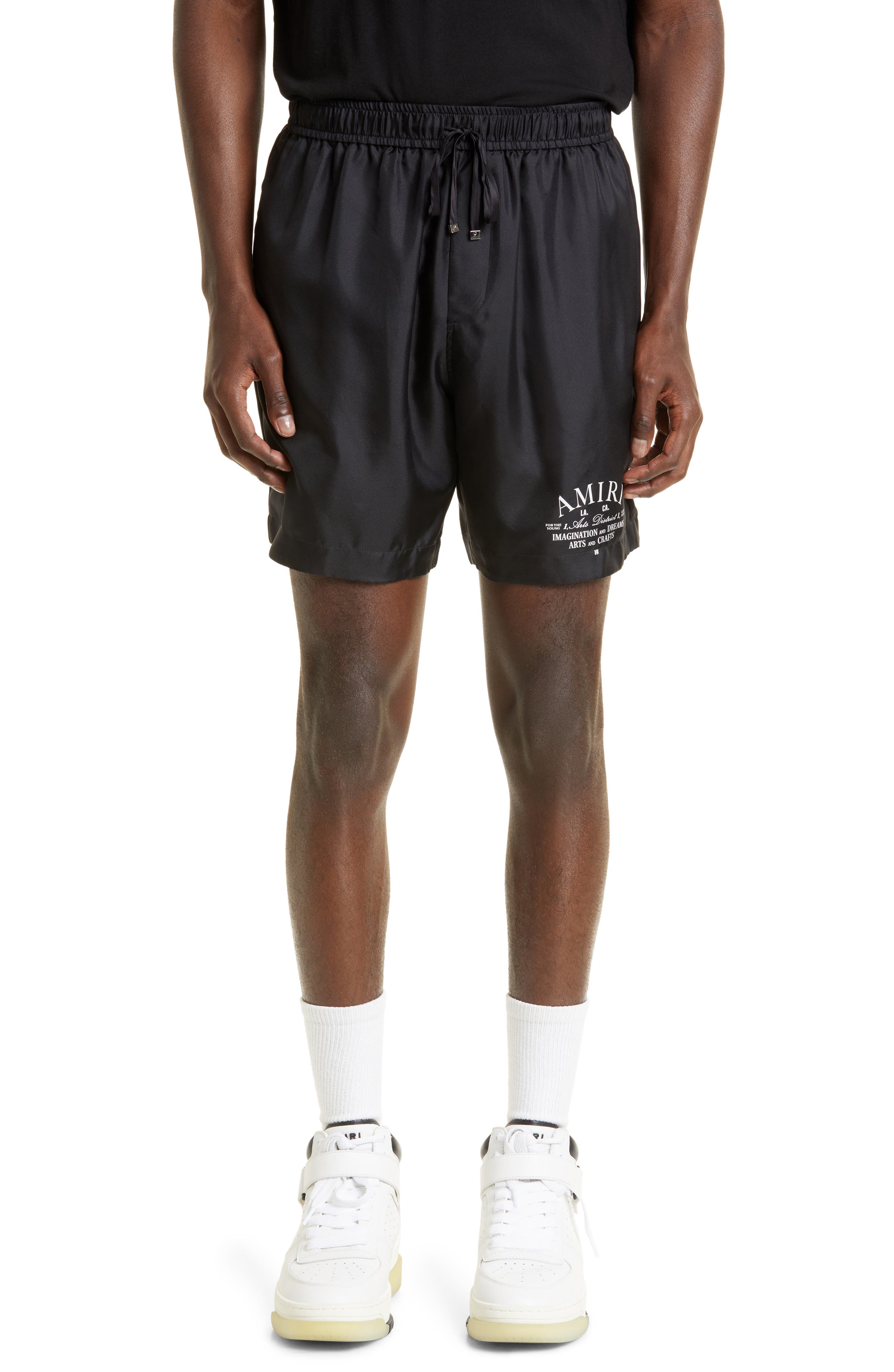 AMIRI Arts District Graphic Silk Shorts in Black