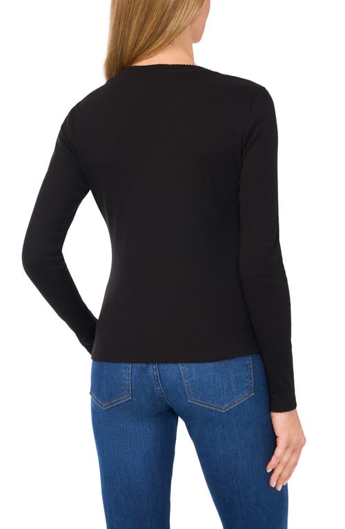 Cece Rhinestone Embellished Scalloped Trim Rib Knit Top In Rich Black