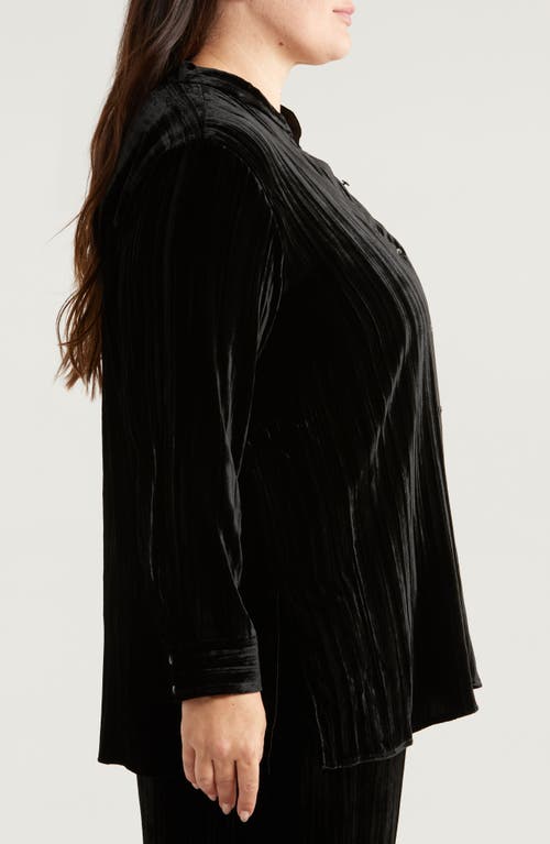 Shop Eileen Fisher Crushed Velvet Band Collar Button-up Shirt In Black